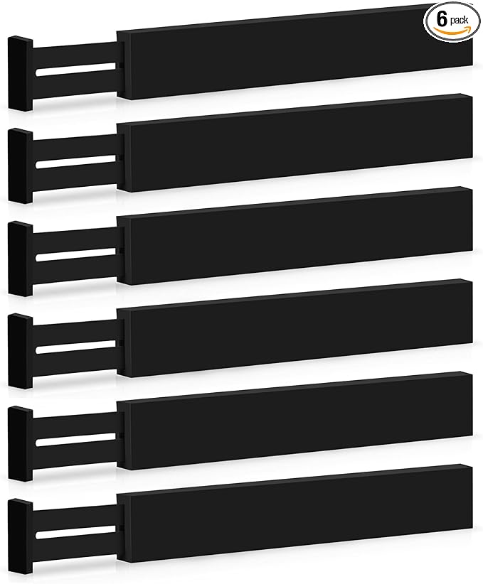 Large Kitchen Drawer Organizer - Expandable Bamboo Drawer Dividers (17" - 21.5") - Adjustable Separators for Kitchen, Clothes, Dresser, Bedroom, Bathroom, and Desk Drawers - 6-Pack (Black)