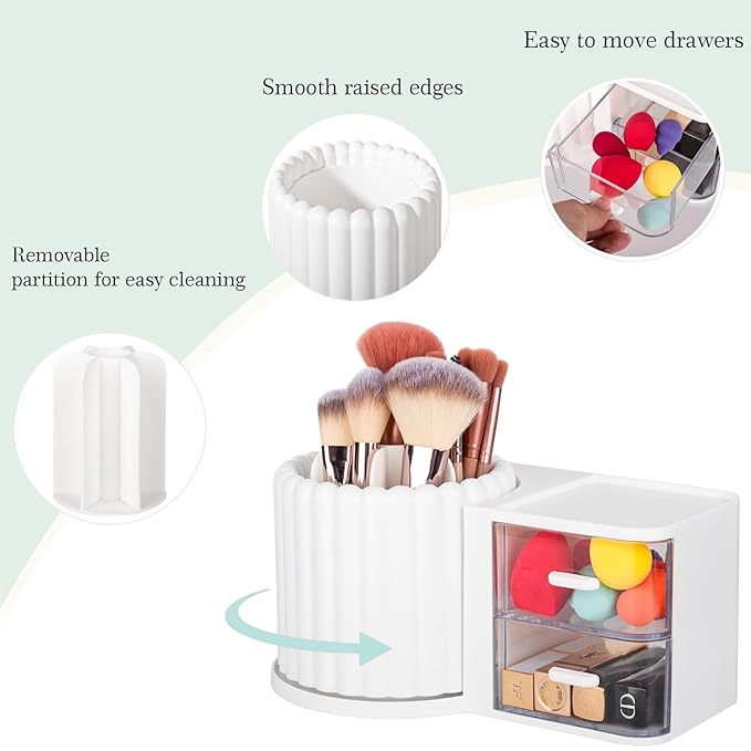 Anyoifax 360 Rotating Makeup Brush Holder 7 Slots Makeup Organizer with Drawer Removable Spinning Cosmetic Storage Pen Holder for Vanity, Dresser, Desk, White