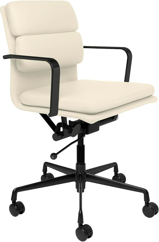 Laura Davidson Furniture SOHO II Padded Management Office Chair - Mid Back Desk Chair with Arm Rest, Swivel & Cushion Availability, Made of Faux Leather, Sand with Black Frame, Computer Chair