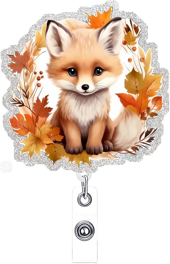 Cute Animal Badge Holders Fall Badge Holder with 360 Swivel Alligator Clip Acrylic Fox Badge Clip Designs Autumn Leaves Badge Reel ID Card Holders Name Card for Teacher Nurse Doctor Worker