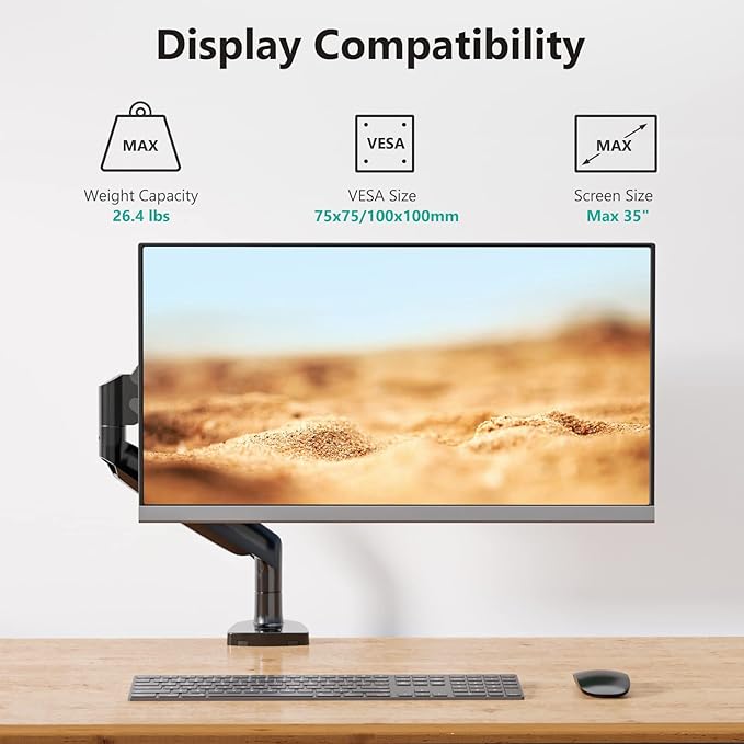 WALI Single Monitor Arm, Gas Spring Monitor Mount for Max 35 inches - 26.4 lbs Screen, Ultrawide Computer Monitors Stand with C Clamp and Grommet Base (GSMP001XL), Black