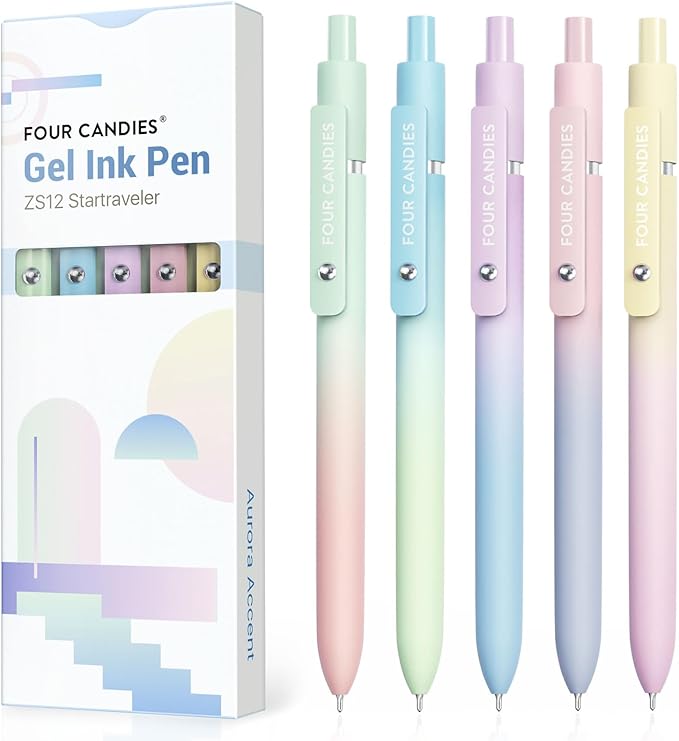 Four Candies Gel Pens, 5 Pcs 0.7mm Quick Dry Black Ink Pen Fine Point Smooth Writing Unique Pen, Office Home School Supplies Essentials Fun Pretty Cute Pens Gifts for Girl Women(Gradient)