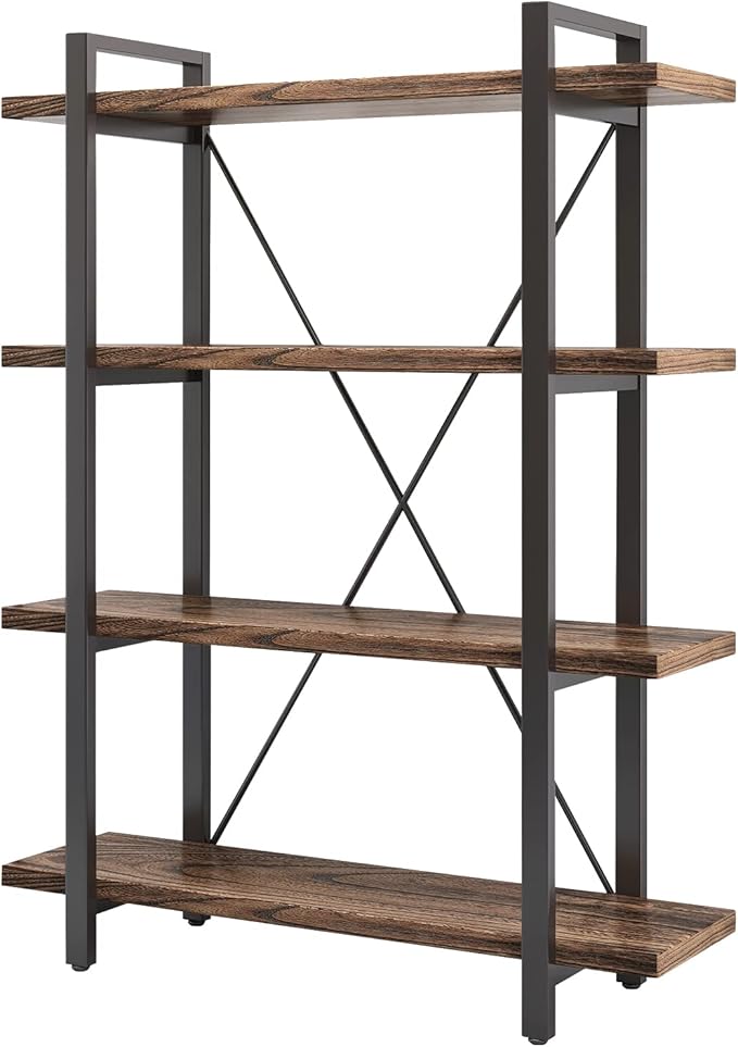 4 Tier Bookshelf Solid Wood Bookcase and Book Shelves Wood and Metal Shelving Rustic Open Bookshelf Office,Distressed Brown (AY-02-4Tier)