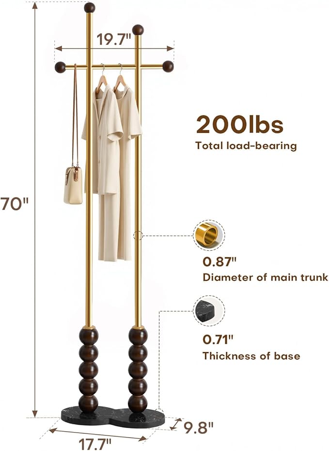 Metal Freestanding Coat Rack with Stainless Steel Double Rods & Marble Base, Hanging Clothes Rack for Entryway, Hallway, Bedroom, Living Room, Gold