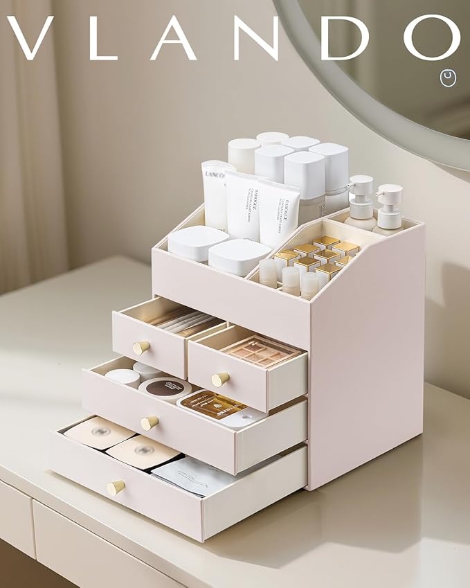 Vlando Makeup Organizer Countertop,Large Vanity Organizer PU Leather Make up Storage with 4 Drawers Skincare Organizer Cosmetic Display Case for Lipstick,Brushes-Apricot White