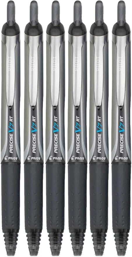 Precise V7 RT Retractable Rolling Ball Pens, Fine Point (.7mm), Black Ink, 6-pk; Premium Comfort Grip, Bundle with Plastic Reusable Pouch