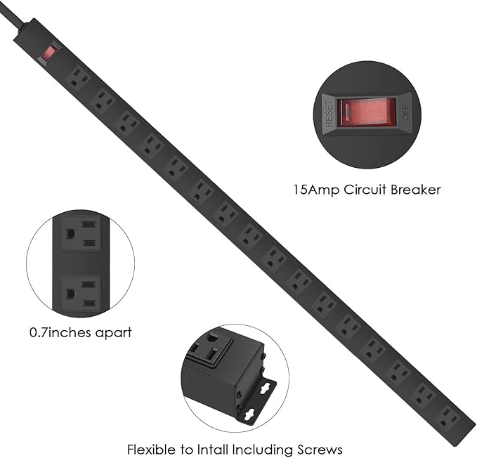 HHSOET 16-Outlet Metal Wall Mount Power Strip, 15 ft 14AWG Power Cord, 15A 125V 1875W, Black