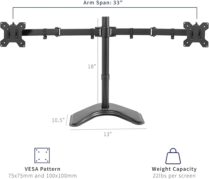 VIVO Dual LED LCD Monitor Mount, Free-Standing Desk Stand for 2 Screens up to 32 Inch, Heavy-Duty Fully Adjustable Arms with Max VESA 100x100mm, Black, STAND-V032F