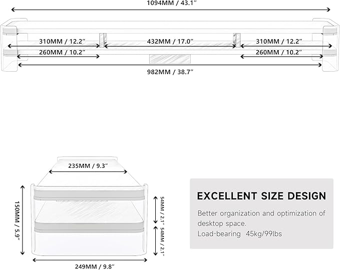 Fenge Acrylic Monitor Stand Riser, Clear Dual Acrylic Computer Monitor Stand for 2 Monitors, 2 Tier Wood Office Desk Storage Organizer for Laptop, Computer, TV Stand