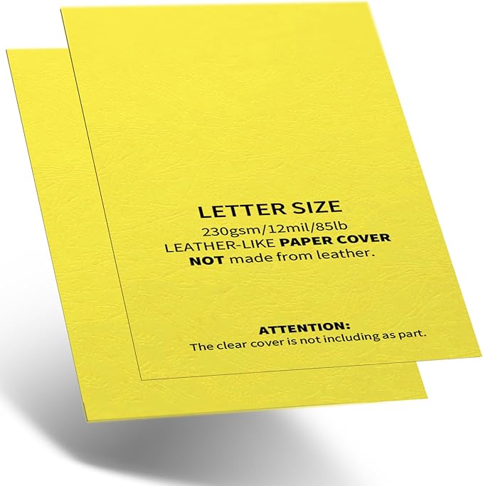 Binditek 100 Pack 12Mil Grain-Texture Paper Binding Presentation Covers, Letter Size, 230GSM, 85lb Un-Punched, 8-1/2 x 11 Inches, Yellow