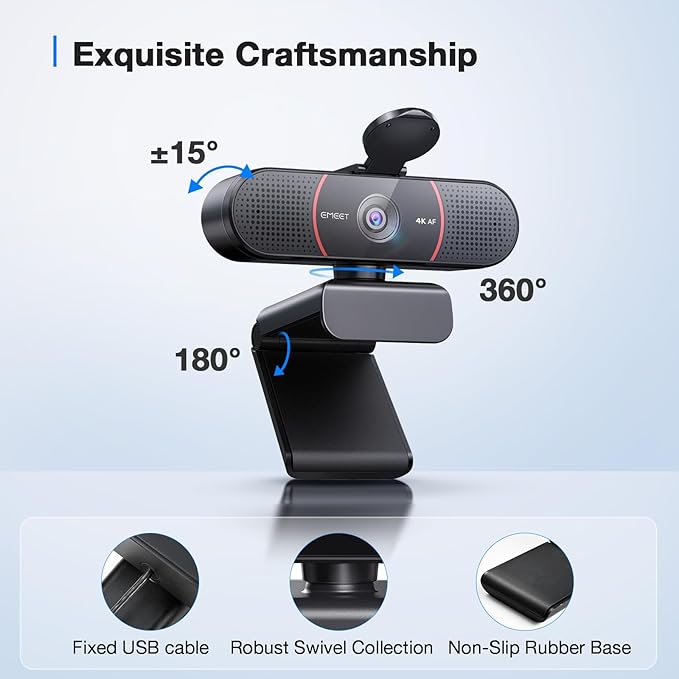 EMEET C960 4K Webcam for PC, 4K UHD Sony Sensor, PDAF Auto Focus, Dual AI Noise-Cancelling Mics, Auto Light Correction, 73° FOV, Plug&Play Webcam w/Privacy Cover, Works w/Zoom/Teams/Skype/Google Meet