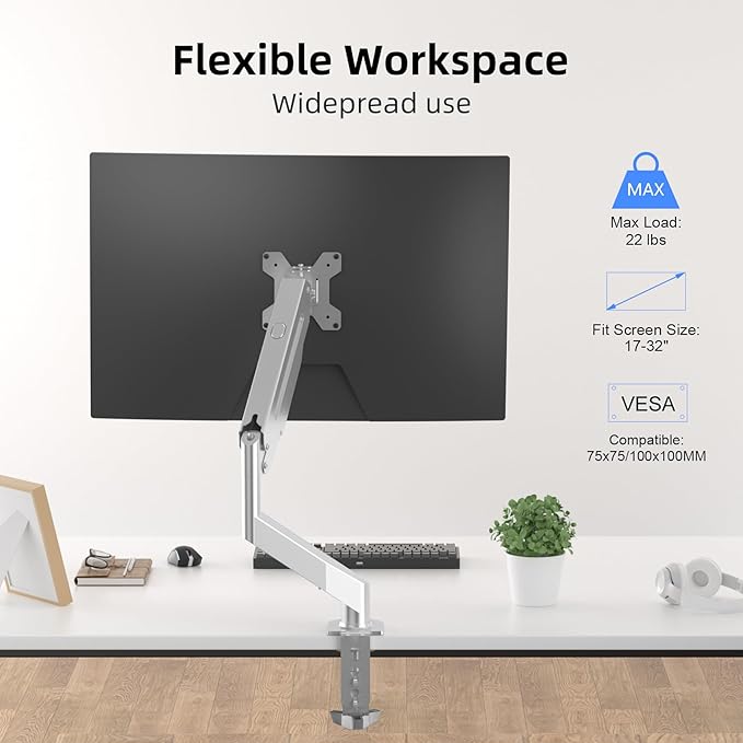 Suptek Single Monitor Mount Adjustable Gas Spring Monitor Arm Desk Mount Stand Fits 17 20 22 23 24 26 27 32 33 inch Monitors,Holds up to 22 lbs,Silver(MD18S)
