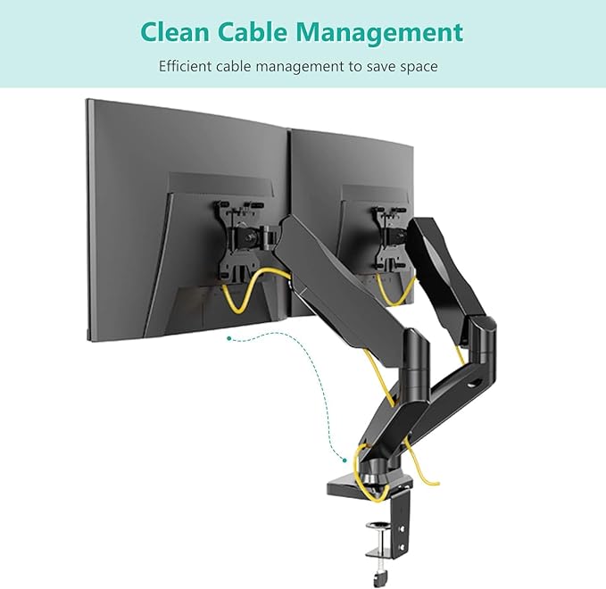 WALI Dual Monitor Mount, Monitor Arms for 2 Monitors Fully Adjustable Gas Spring Desk Mount Swivel Mounting Holes Bracket with C Clamp, Grommet Base for Display Up to 32 Inch 19.8lbs (GSMP002), Black