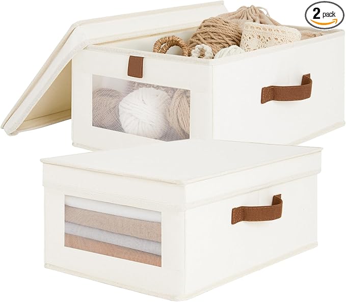 Fabric Storage Bins with Lids, Collapsible Closet Organizer with Sturdy Handles, Clear View Window, Stackable Storage Baskets for Clothes, Towels, Books, Hand Pull Closet Organizer Boxes-2-Pack, Beige
