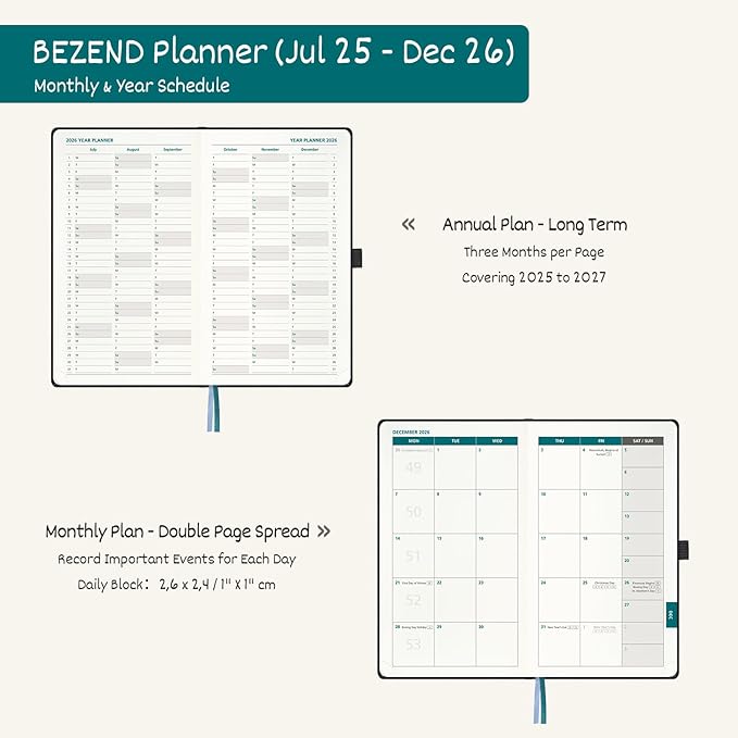 BEZEND Pocket Planner 2025-2026 Weekly with 2 Columns, 18-Month Academic Calendar (Jul 25-Dec 26), Life Work Appointment, Storage Pocket, Pen Holder, PU Leather Hardcover 3.5" x 6" - Mustard