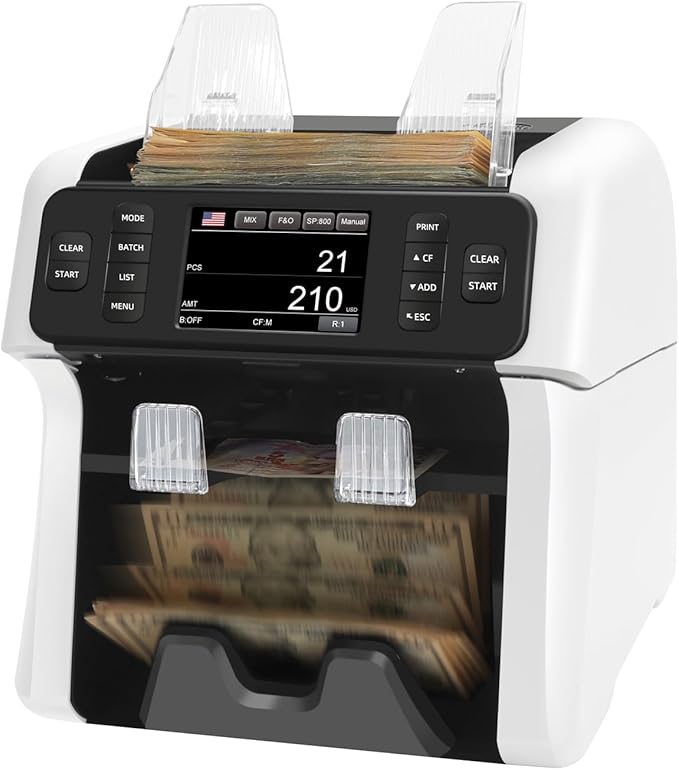 NUCOUN VS-75 Bill Counter Machine Mixed Denomination,Money Counter Machine with Reject Pocket,Counterfeit Detection 2 CIS/UV/MG/IR,Multi Currency Bill Sorter,Value Count,Serial Number Read,Print&Sort
