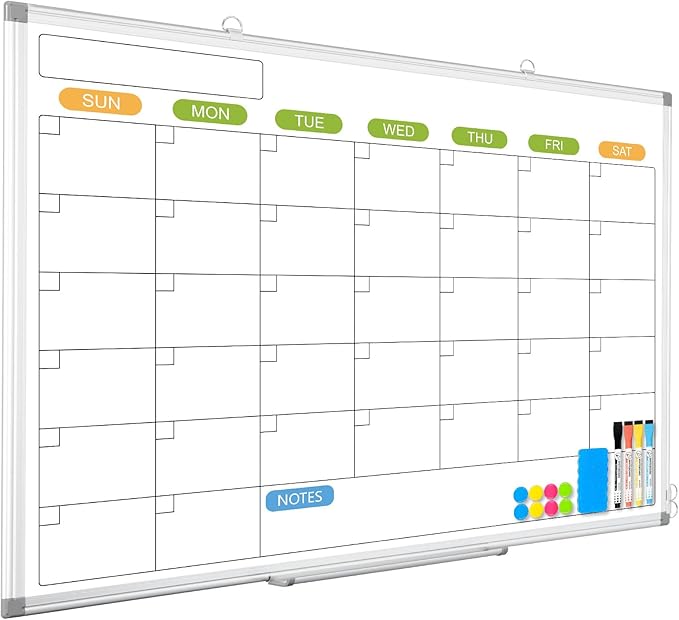 Monthly Calendar Dry Erase Whiteboard for Wall, 36" x 24" Magnetic Dry Erase Board, Hanging Double-Sided White Board, Portable Board for School, Planning, Memo, Home, Office, 2025 Calendar
