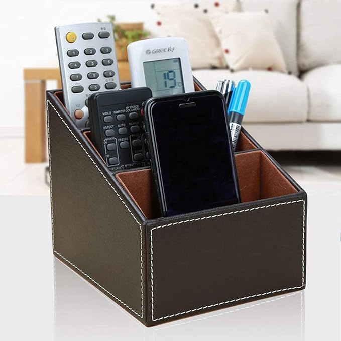 KINGFOM Remote Control Holder with 3 Compartments, Pu Leather Remote Caddy Desktop Organizer for TV, CD, Blu-Ray, Media Player, Heater Controllers and Cosmetics Office Supplies(Brown)