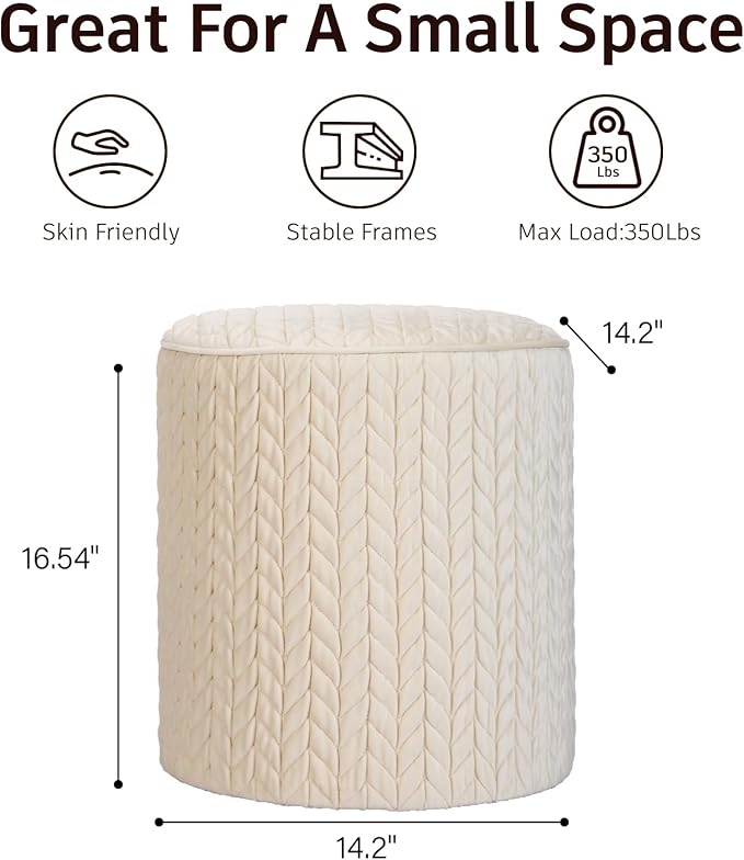 Modern Round Ottoman, Braided-Tufted Foot Stool Ottoman, Velvet Upholstered Vanity Stool for Makeup, Bedroom, Living Room, White
