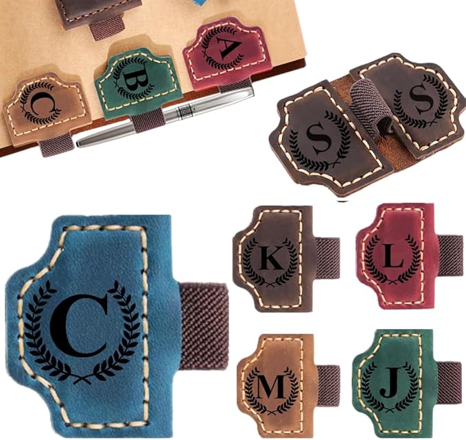 Custom Bookmark with Pen Holder with 26 Letters Personalized Magnetic Leather Book Mark, Customized Name Book Marker Clip with Initial for Men Women, Gifts for Book Lovers, Readers, (Blue, C)