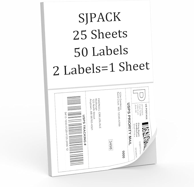 50 Half Sheet Self Adhesive Shipping Labels, 8.5" x 5.5" Address Labels for Laser & Inkjet Printers(50 labels-25 Sheet)