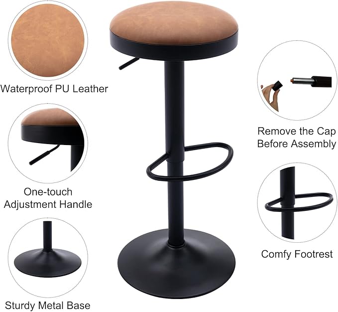 Round Swivel Counter Height Bar Stools Set of 4 Modern Adjustable Barstools Backless PU Leather Bar Chairs Industrial Island Chairs with Metal Base/Footrest for Kitchen Island/Pub/Bar, Brown