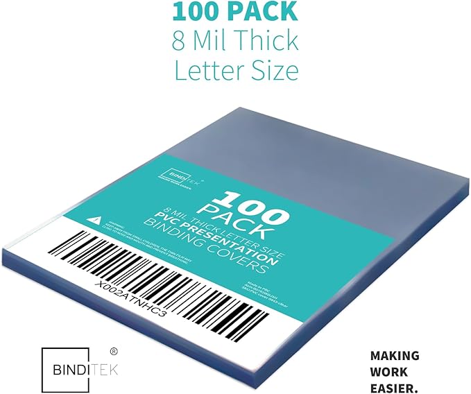 Binditek 100 Pack 8mil PVC Clear Binding Presentation Covers, Letter Size, 8.5 x 11 Inches, Square Corners, Un-Punched, Office Supplies