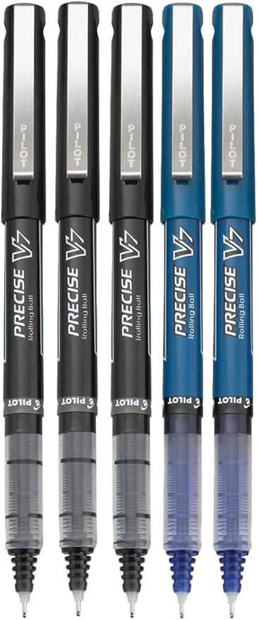 Precise V7 Stick Rolling Ball Pens, Fine Point (.7mm), Assorted Colors Black/Blue Ink, 5-pk; Bundle with Plastic Reusable Pouch