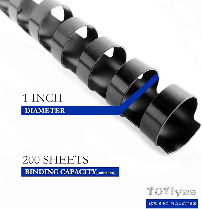 TOTiyea 19 Ring Plastic Binding Combs,1 Inch Diameter,200 Sheet Capacity, Letter Size, Black Comb Binding Spines (10 Pack)