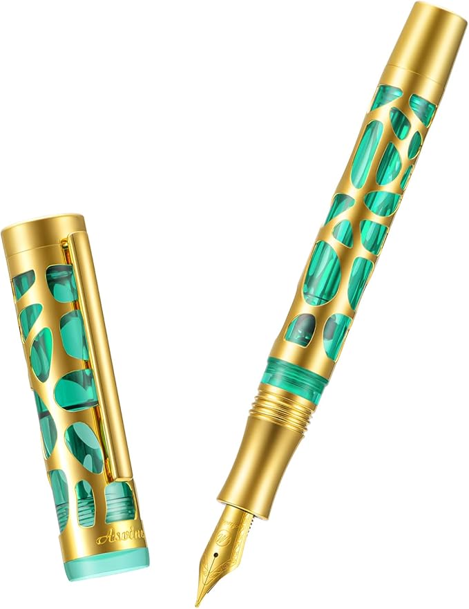 Asvine V169 Vacuum Filling Fountain Pen Iridium Extra Fine Nib, Water Drop Skeleton Gold Trim Transparent Green Acrylic Pen Case Set