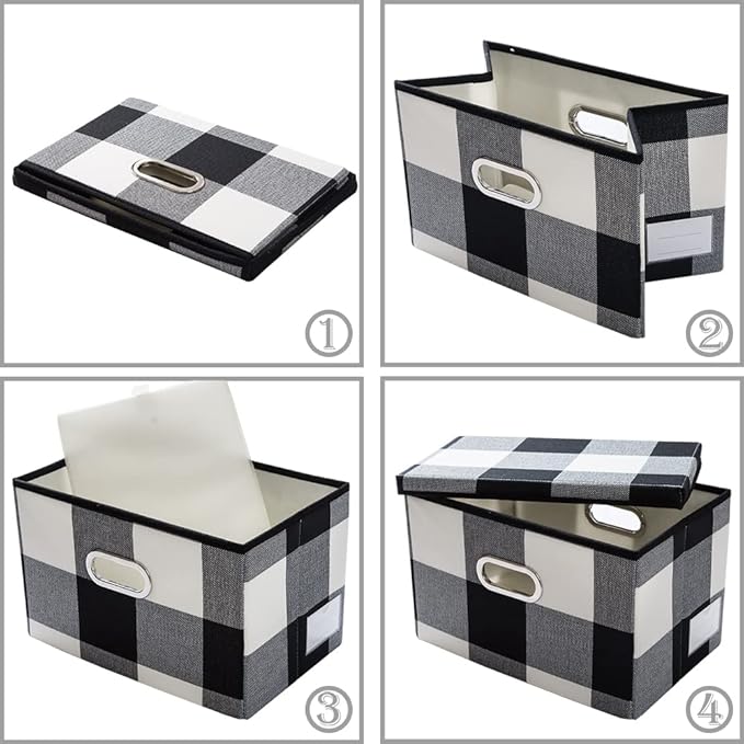 PRANDOM Collapsible Storage Bin with Lid [3-Pack] Fabric Foldable Storage Box Organizer Container Basket Cube with Cover for Home Bedroom Closet Office Nursery Black and White Grid(14.9x9.8x9.8)
