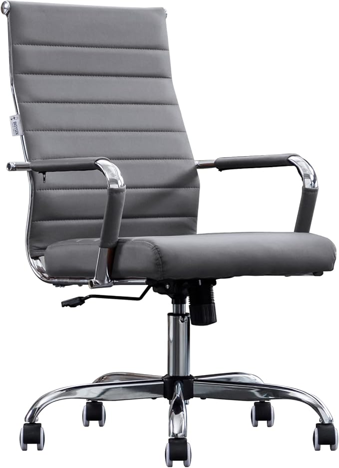 Home Office Chair Ribbed, Modern Leather Conference Room Chairs, Ergonomic Office Desk Chair, High Back Executive Computer Chair, Adjustable Swivel Chair with Arms (Grey)