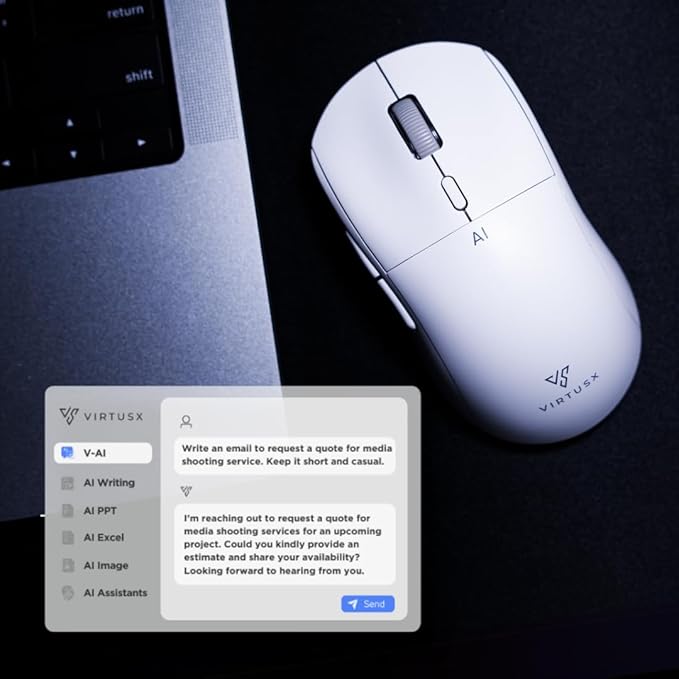 Virtusx AI Mouse, Jethro V1 – AI Voice & Audio Recorder, Note Taking Mouse for Computer & Laptop with Centralized AI Software, AI Writing Tools, Voice Typing, Transcribe, Translate & Summarize