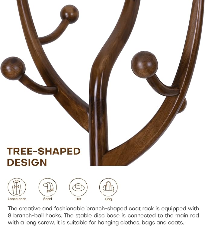 Wood Coat Rack Coat Tree Freestanding with Hooks, Heavy Duty Standing Coat Rack with Solid Round Base, 74” Tree Shaped Coat Hanger Stand for Clothes, Hat, Jacket, Entryway Bedroom, Walnut