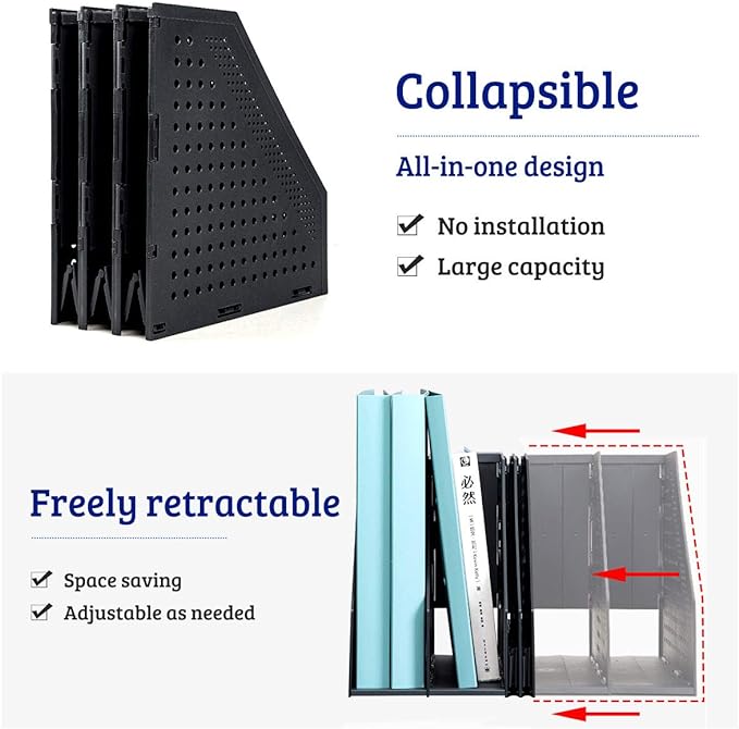SAYEEC Collapsible Magazine Holder Plastic Desktop 4 Compartment File Rack Magazine Organizer Vertical File Divider Sorter Storage Document Organizer for Office Home School Black