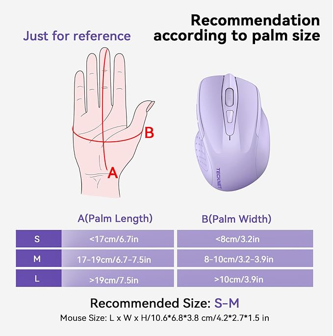 TECKNET Wireless Mouse (BT5.0/3.0 & 2.4G) Rechargeable 4800 DPI Silent USB A & Bluetooth Mouse 6 Buttons, Wide Compatibility - Lavender