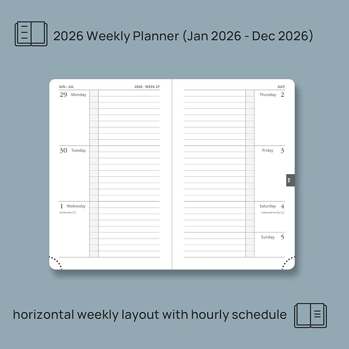 POPRUN Weekly Planner 2026 Calendar (Pocket 4'' x 6.25'') 12 Months Notebook with Horizontal Layout, Leather Hardcover, Inner Pocket, 100GSM Thick Paper, Pen Holder TJ - Soft Pink