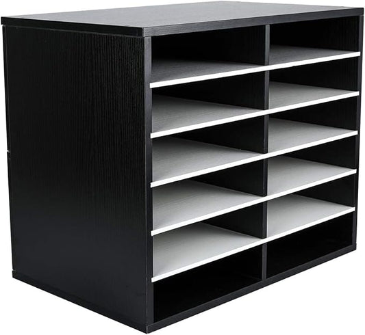 EasyPAG Mail Organizer Countertop, Wood Literature Organizer, Student Classroom Mailbox for School, Desktop Paper Sorter for Office Home, 12 Compartments, Black/White