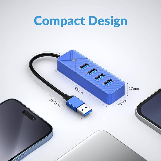 4 Port USB 3.0 Hub, 5Gbps Multi Ports USB Splitter USB Expander for Laptop, Computer, PC, PS4, Xbox, Printer, Keyboard, Mouse, Compatible with Windows, Mac OS, Linux (Blue, 15cm)