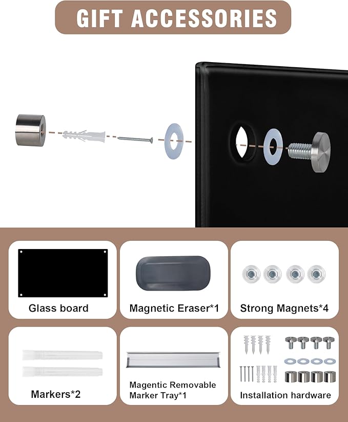 Magnetic Glass Whiteboard，48"x36" Wall Mounted Frameless Dry Erase Board for Office, Home & School Black