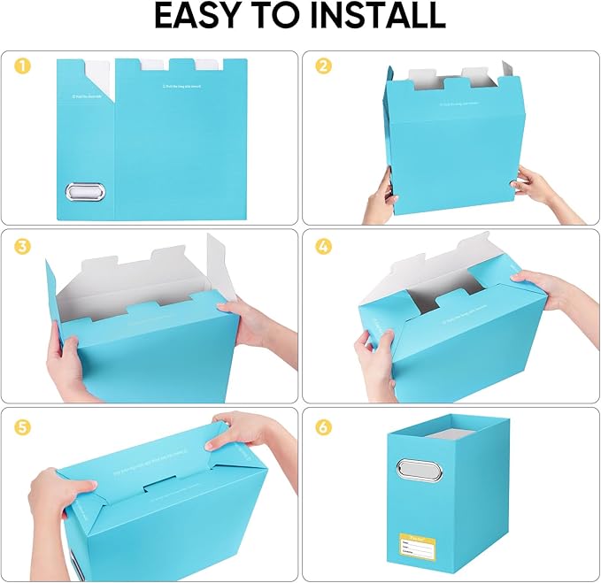 BALEINE File Organizer Box, Cardboard File Folder Organizer with Handle for Letter Size, Portable Collapsible Hanging Filing Box for Home Office Document Storage (4 Pack, Blue)