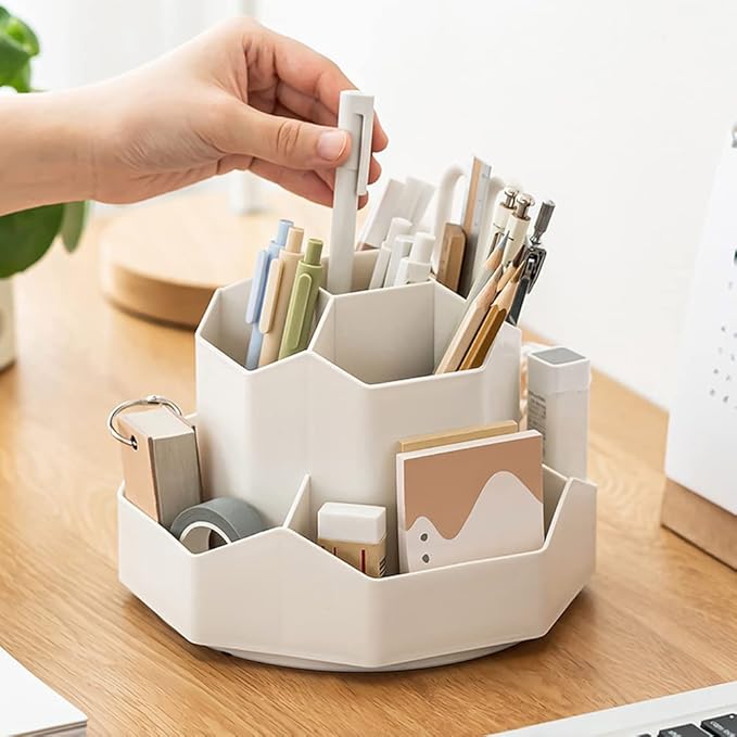 Rotating Art Supply Storage Organizer,Pencil Holder with 9 Compartment, Pen Storage Organizer, for Kids Art Desk, Homeschool Supplies, Home Office Desktop Organizer(White)