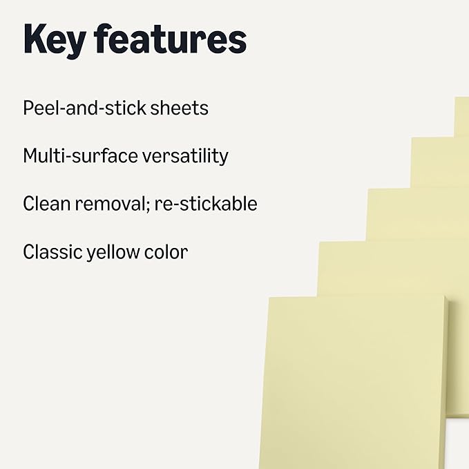 Amazon Basics Square Sticky Notes, Self-Stick Pads, Pack of 5, 3 x 3 inches, Yellow