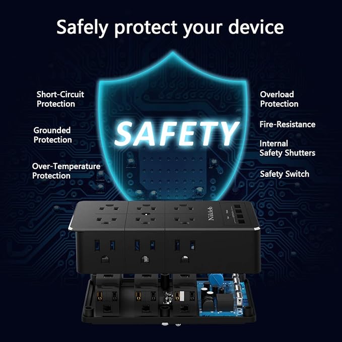 Surge Protector Nikleb, Wall Outlet with 4 USB Ports 5V 4.8A Total, 12 Multi Outlet Extender, Multiple USB Plug Adapter Wall Mount, Phone Chargier Organizer with Phone Holder, Heavy Duty