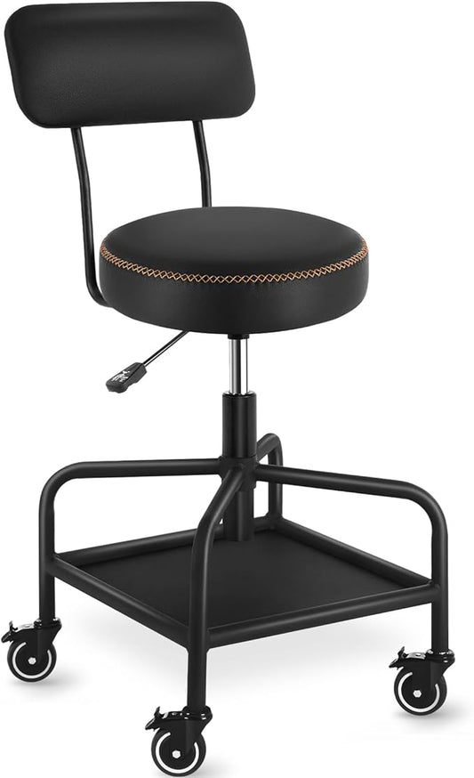 Shop Stool with Lockable Rubber Wheels Adjustable Backrest Tool Tray Storage 400 lb Capacity Rolling Garage Stool (Black)