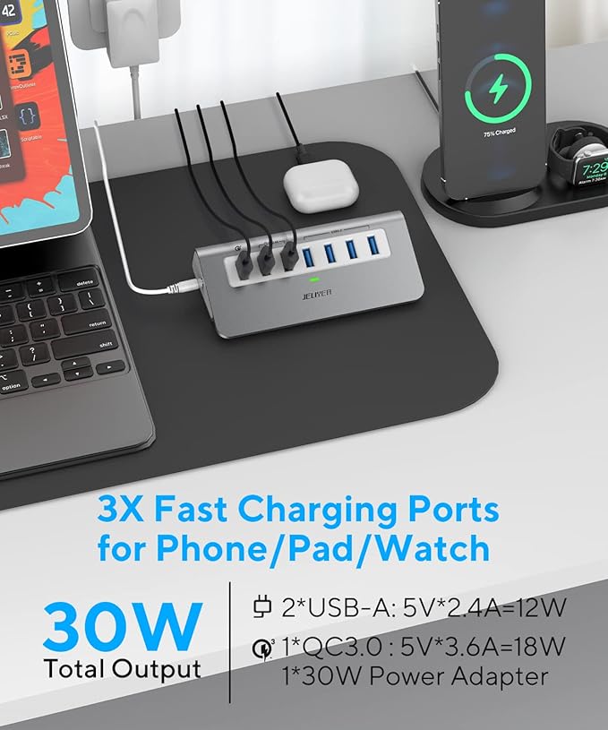 Powered USB-C 7-Port Hub, USB 3.2 Gen 2 Adapter - 4x 10Gbps Data, 3x 3.3ft Charging Ports, 30W Power Adapter for Laptop, PC, MacBook