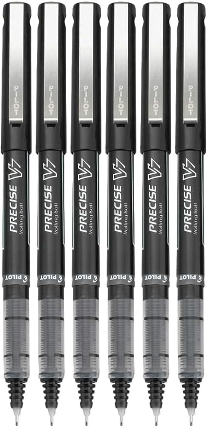Precise V7 Stick Rolling Ball Pens, Fine Point (.7mm), Black Ink, 6-pk; Bundle with Plastic Reusable Pouch