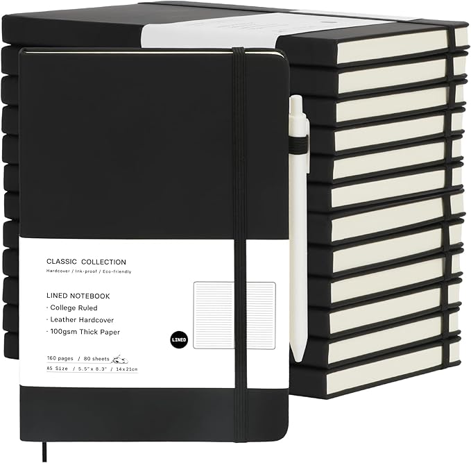 Coopay 12 Pack A5 Journal Notebook with 12 White Pens Bulk Classic Ruled Hardcover Leather Journal Set with Pen Holder for Men Women Writing Office Home School Business, 100GSM, 8.3” x 5.5” (Black)