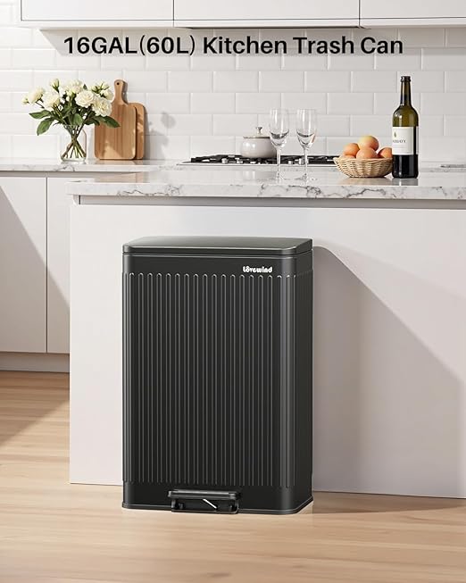 Lovewind 60 Liter/ 16 Gallon Stainless Steel Trash Can with Soft-Close Lid, Large Footstep Garbage Can with Roman Texture, Removable Inner Buckets, Recycling Bin for Kitchen Office, Black
