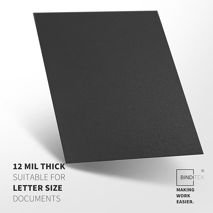 Binditek 200 Pack 12 Mil Sand-Textured Polycover, Midweight Binding Front and Back Covers, Lightly Sanded Finish, 8-1/2" x 11", Square Corners, Un-Punched, Black, Office Supplies